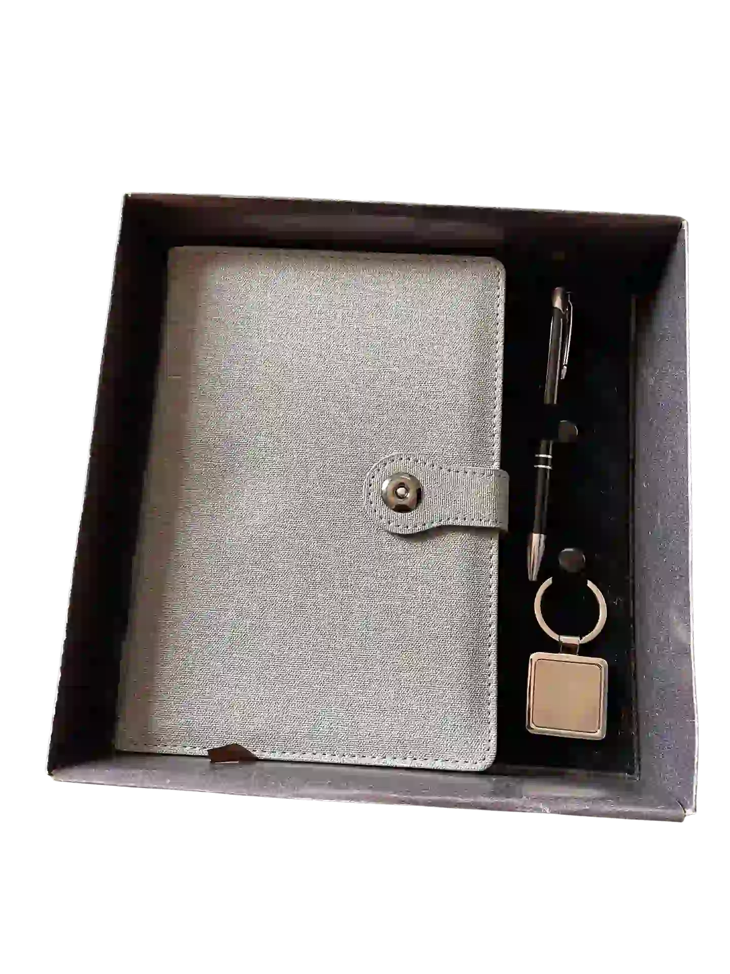Coffret notebook, stylo et porte clés en acier